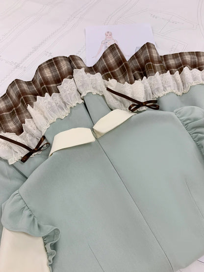 Fresh Mint Green Shirt Collar Plaid Ruffle Bow Long Sleeve A Line Short Homecoming Dress AS3130