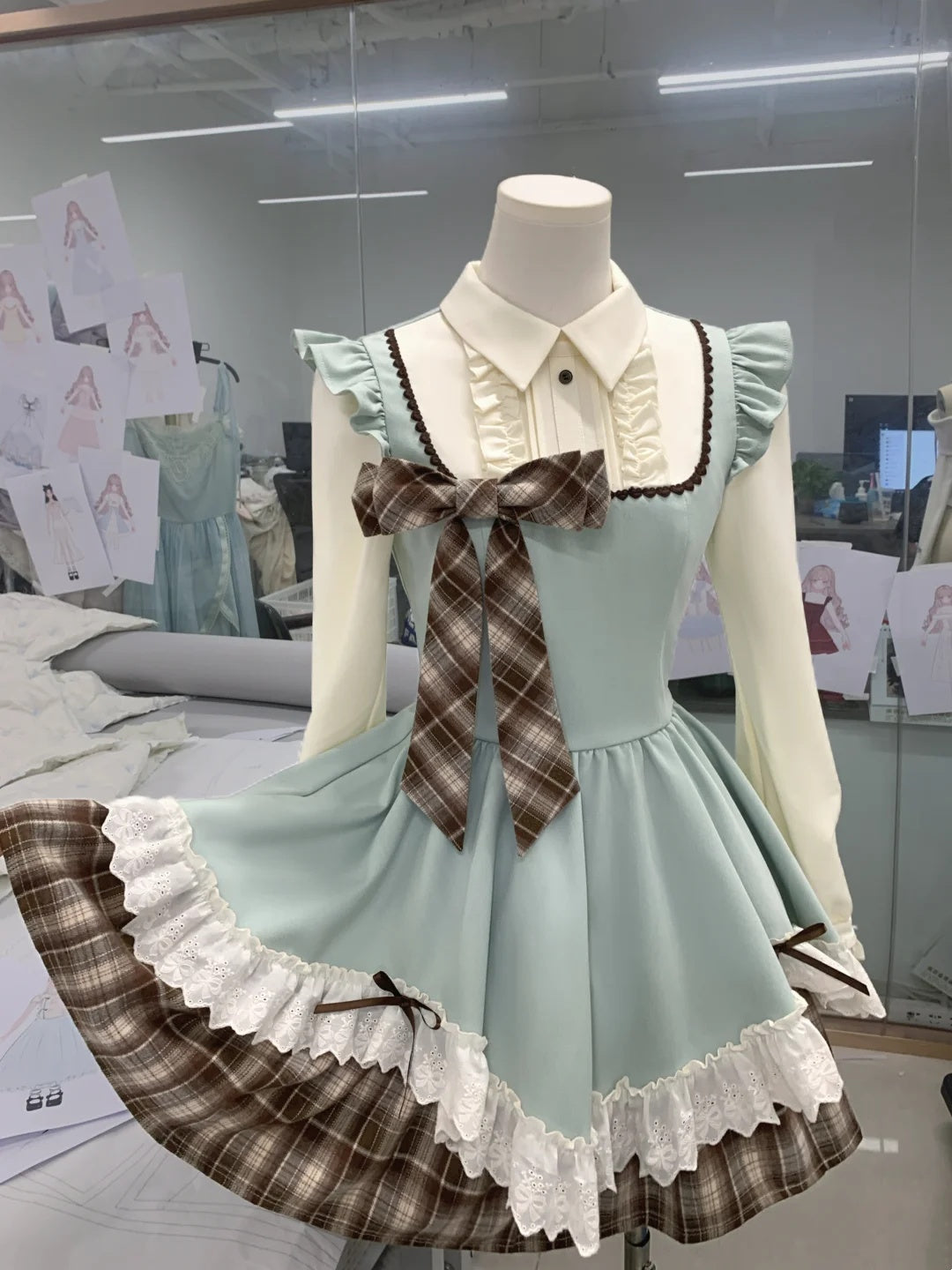 Fresh Mint Green Shirt Collar Plaid Ruffle Bow Long Sleeve A Line Short Homecoming Dress AS3130