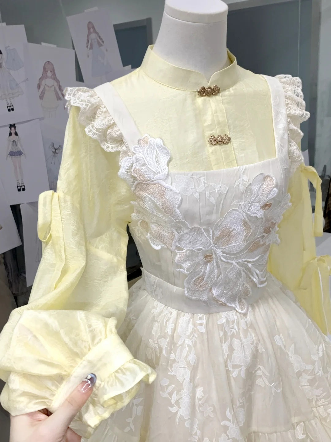 Elegant Cream Embroidery Floral Ruffle Strap Yellow Mandarin Collar Long Sleeve Lolita A Line Short Homecoming Dress AS3132