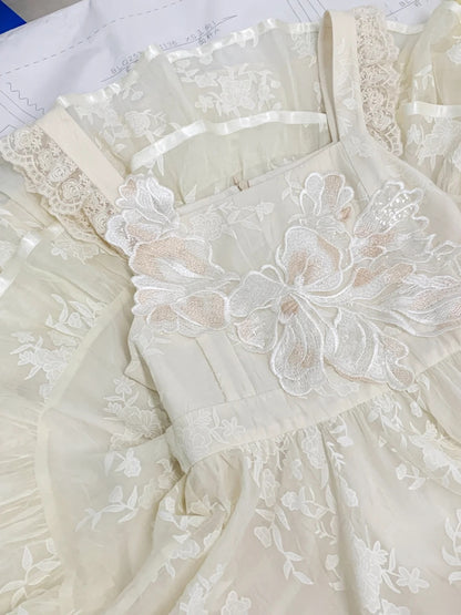 Elegant Cream Embroidery Floral Ruffle Strap Yellow Mandarin Collar Long Sleeve Lolita A Line Short Homecoming Dress AS3132