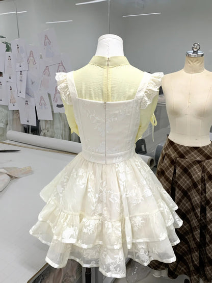 Elegant Cream Embroidery Floral Ruffle Strap Yellow Mandarin Collar Long Sleeve Lolita A Line Short Homecoming Dress AS3132