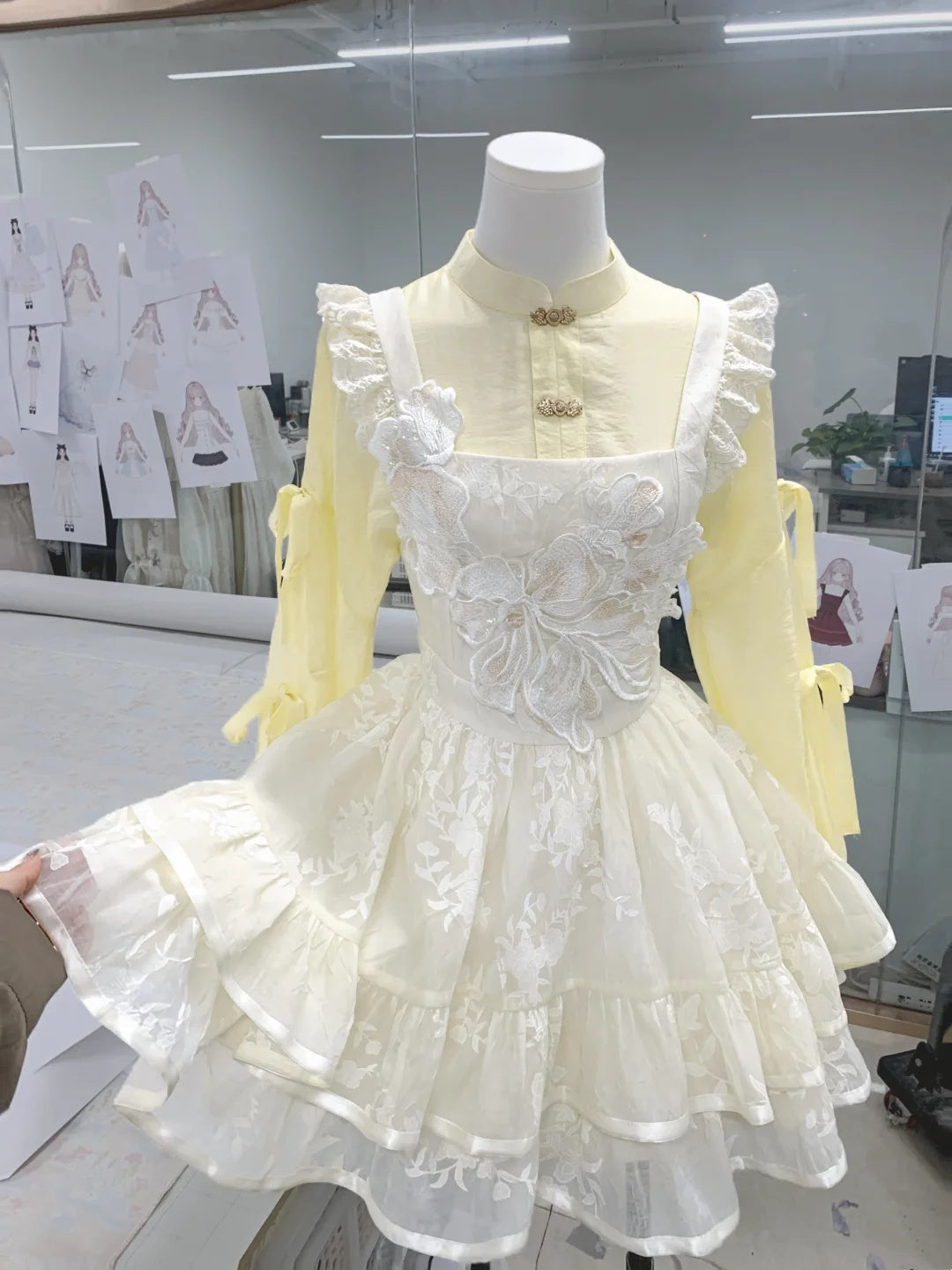 Elegant Cream Embroidery Floral Ruffle Strap Yellow Mandarin Collar Long Sleeve Lolita A Line Short Homecoming Dress AS3132