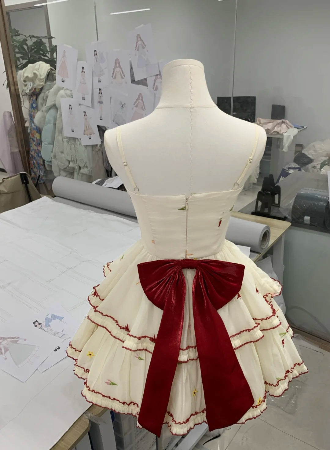 Sweet Cream Floral Embroidery Spaghetti Strap Bow RuffleA Line Short Homecoming Dress With Red Trim AS3133