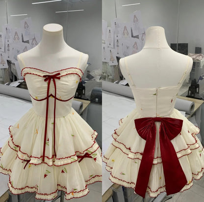 Sweet Cream Floral Embroidery Spaghetti Strap Bow RuffleA Line Short Homecoming Dress With Red Trim AS3133