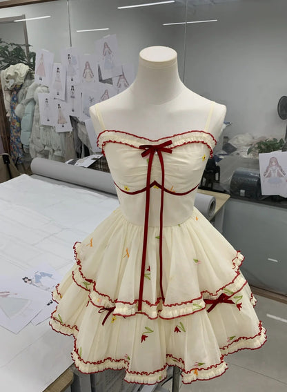 Sweet Cream Floral Embroidery Spaghetti Strap Bow RuffleA Line Short Homecoming Dress With Red Trim AS3133