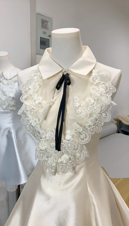 Charming Light Blue Peter Pan Collar Satin Floral Lace Bow A-line Short Homecoming Dress AS3134