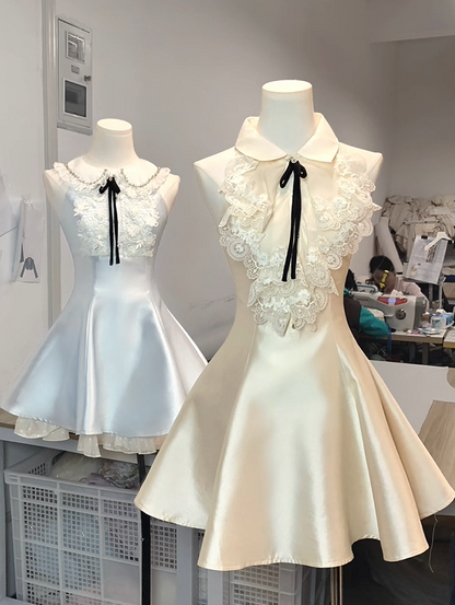 Charming Light Blue Peter Pan Collar Satin Floral Lace Bow A-line Short Homecoming Dress AS3134