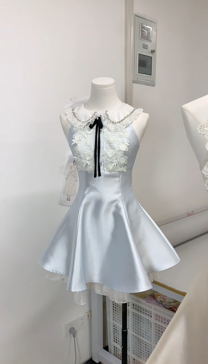 Charming Light Blue Peter Pan Collar Satin Floral Lace Bow A-line Short Homecoming Dress AS3134