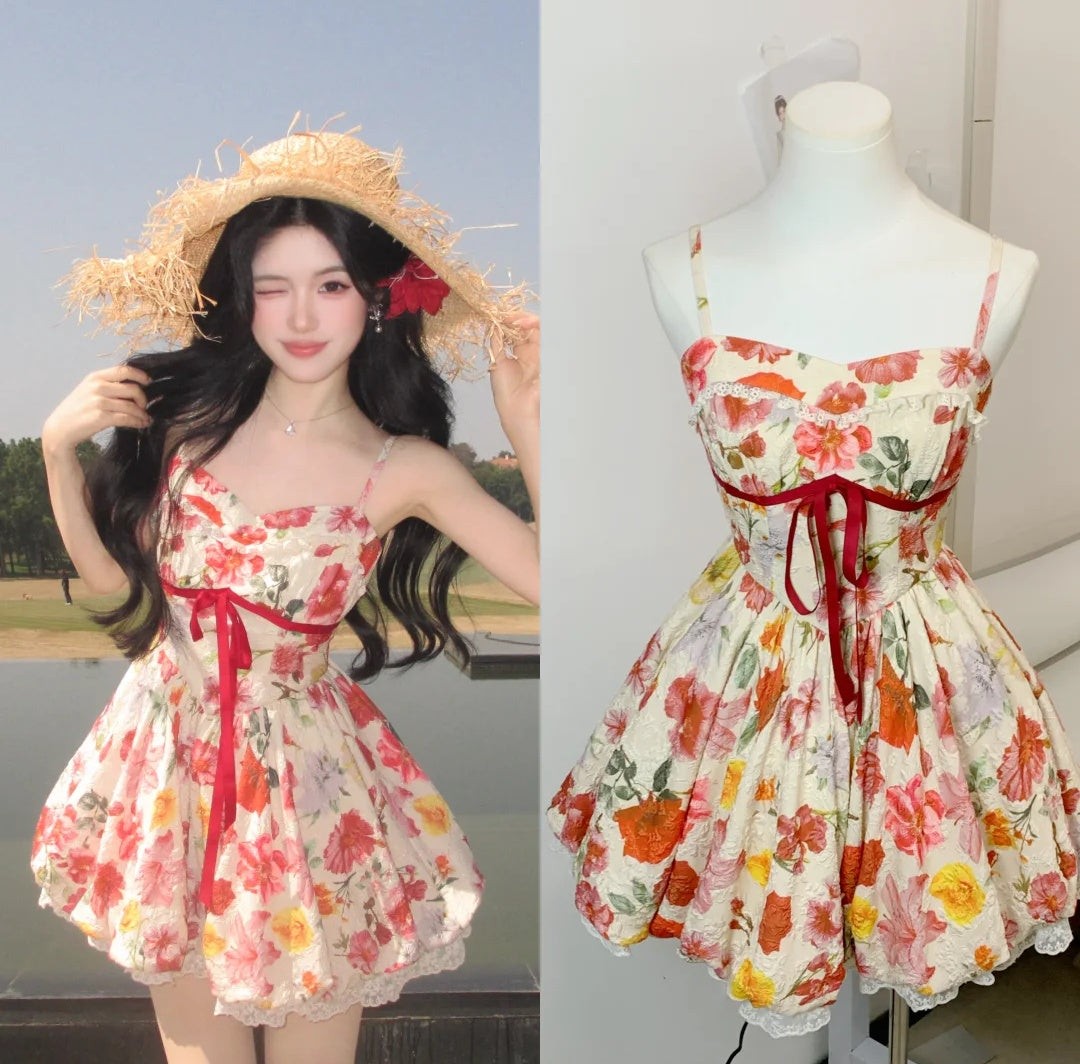 Vibrant Floral Jacquard Spaghetti Strap Red Bow A Line Short Homecoming Dress AS3135