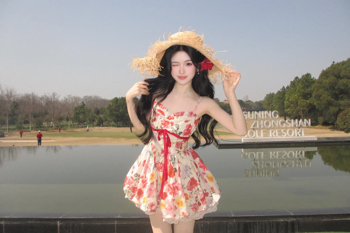Vibrant Floral Jacquard Spaghetti Strap Red Bow A Line Short Homecoming Dress AS3135