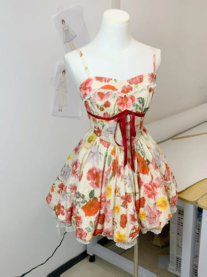 Vibrant Floral Jacquard Spaghetti Strap Red Bow A Line Short Homecoming Dress AS3135