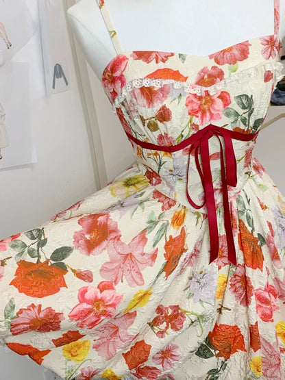 Vibrant Floral Jacquard Spaghetti Strap Red Bow A Line Short Homecoming Dress AS3135
