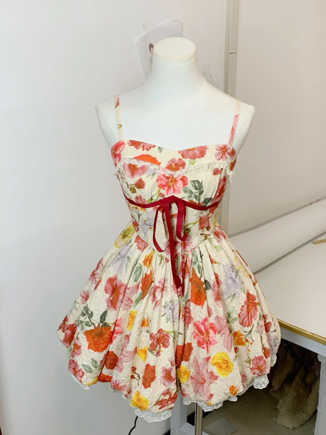 Vibrant Floral Jacquard Spaghetti Strap Red Bow A Line Short Homecoming Dress AS3135