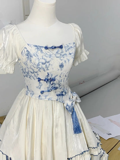 Unique Blue And White Print Square Neck Puff Sleeve Tassel Bow A Line Short Homecoming Dress AS3137