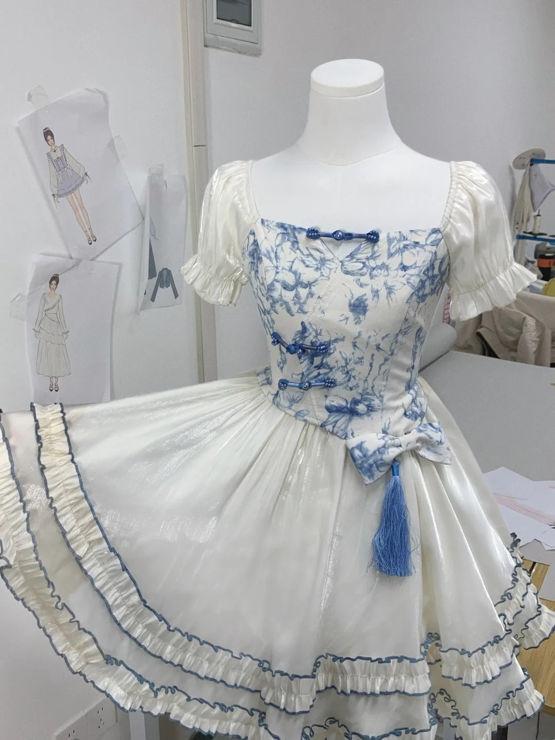 Unique Blue And White Print Square Neck Puff Sleeve Tassel Bow A Line Short Homecoming Dress AS3137
