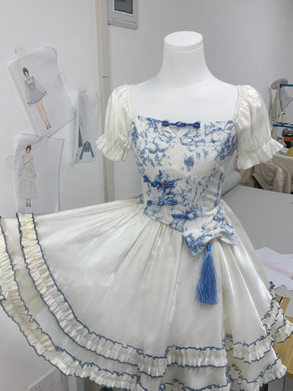 Unique Blue And White Print Square Neck Puff Sleeve Tassel Bow A Line Short Homecoming Dress AS3137