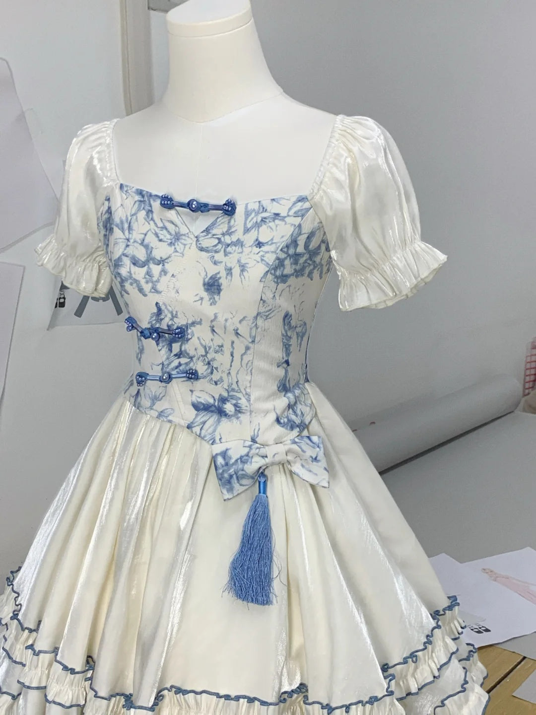Unique Blue And White Print Square Neck Puff Sleeve Tassel Bow A Line Short Homecoming Dress AS3137