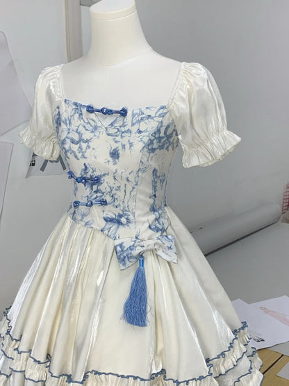 Unique Blue And White Print Square Neck Puff Sleeve Tassel Bow A Line Short Homecoming Dress AS3137