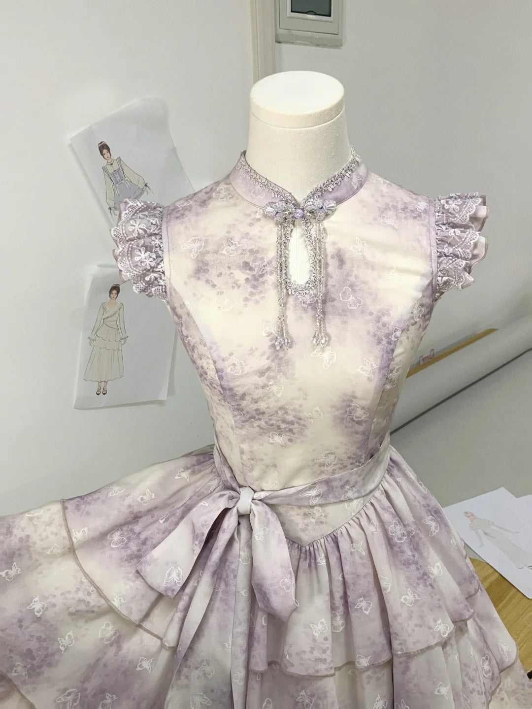 Cute Lavender Print Beaded Mandarin Collar Ruffle Cap Sleeve Sash Bow A Line Short Homecoming Dress AS3138