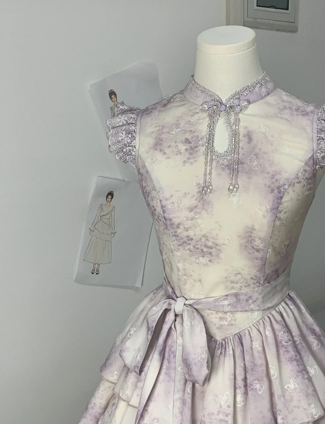 Cute Lavender Print Beaded Mandarin Collar Ruffle Cap Sleeve Sash Bow A Line Short Homecoming Dress AS3138