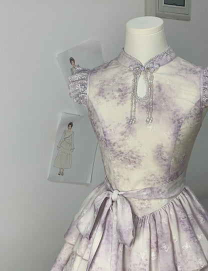 Cute Lavender Print Beaded Mandarin Collar Ruffle Cap Sleeve Sash Bow A Line Short Homecoming Dress AS3138