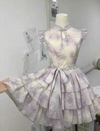 Cute Lavender Print Beaded Mandarin Collar Ruffle Cap Sleeve Sash Bow A Line Short Homecoming Dress AS3138