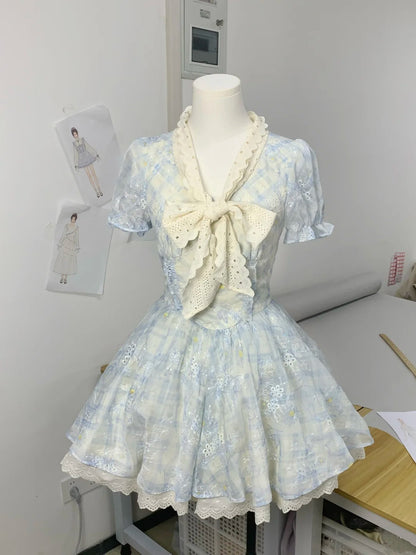Soft Light Blue Plaid Floral Embroidery V Neck Puff Sleeve Bow A Line Short Homecoming Dress AS3139