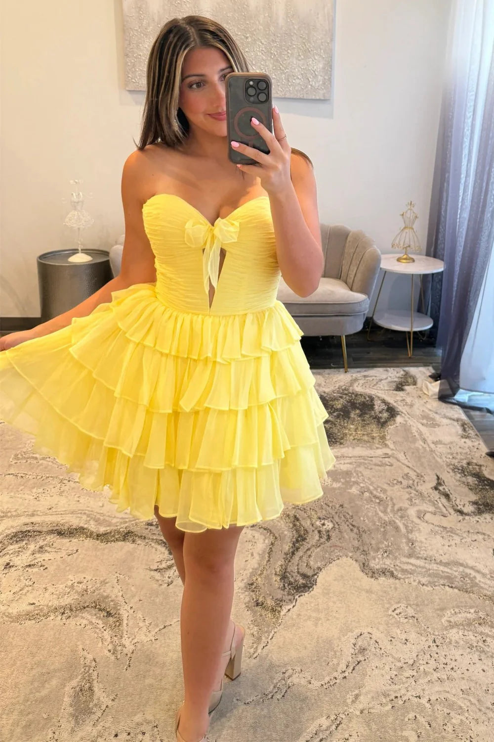 Strapless Red Ruffle Tiered Homecoming Dress With Front Bow Detaill AS314
