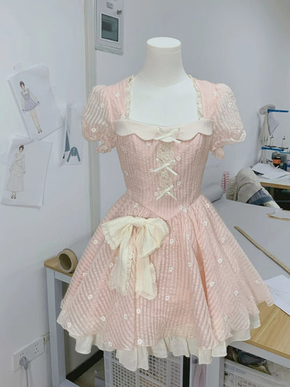 Sweet Pink Square Neck Puff Sleeve Floral Embroidery Bow A Line Short Homecoming Dress AS3140