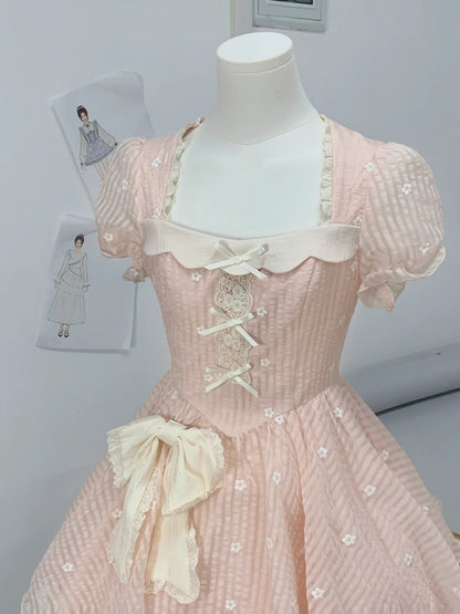 Sweet Pink Square Neck Puff Sleeve Floral Embroidery Bow A Line Short Homecoming Dress AS3140