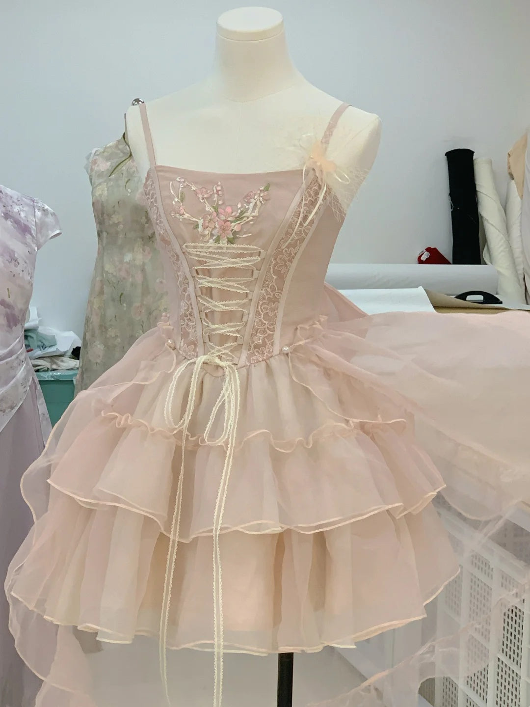 Delicate Blush Spaghetti Strap Floral Embroidery Bow Trailing A Line Short Homecoming Dress AS3142