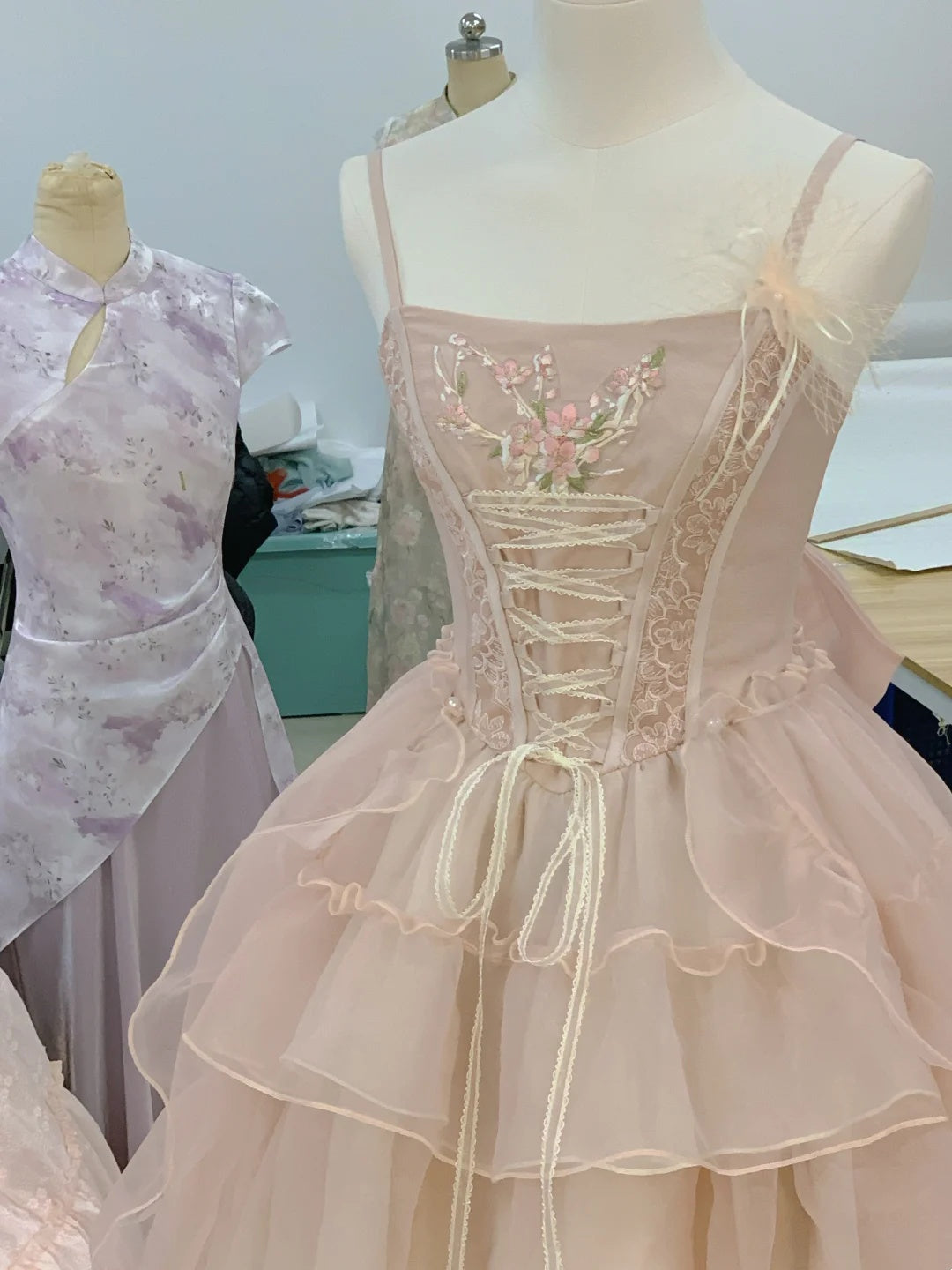 Delicate Blush Spaghetti Strap Floral Embroidery Bow Trailing A Line Short Homecoming Dress AS3142