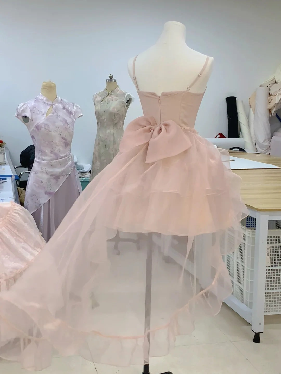 Delicate Blush Spaghetti Strap Floral Embroidery Bow Trailing A Line Short Homecoming Dress AS3142