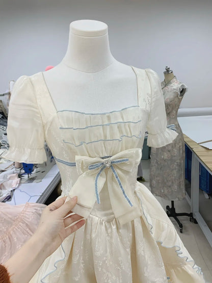 Charming Ivory Square Neck Puff Sleeve Bow A Line Short Homecoming Dress With Train AS3143