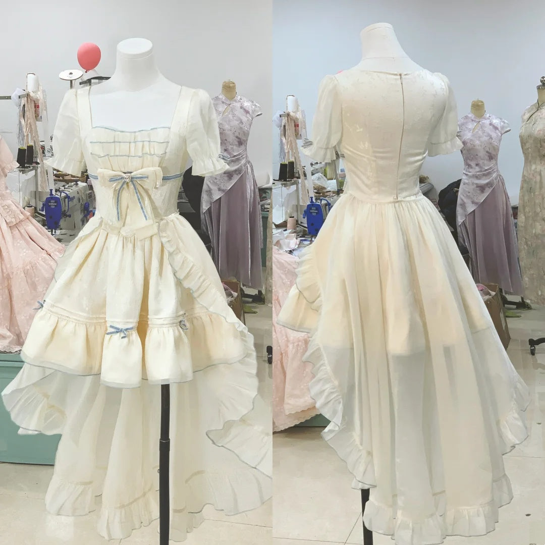Charming Ivory Square Neck Puff Sleeve Bow A Line Short Homecoming Dress With Train AS3143
