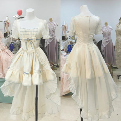 Charming Ivory Square Neck Puff Sleeve Bow A Line Short Homecoming Dress With Train AS3143