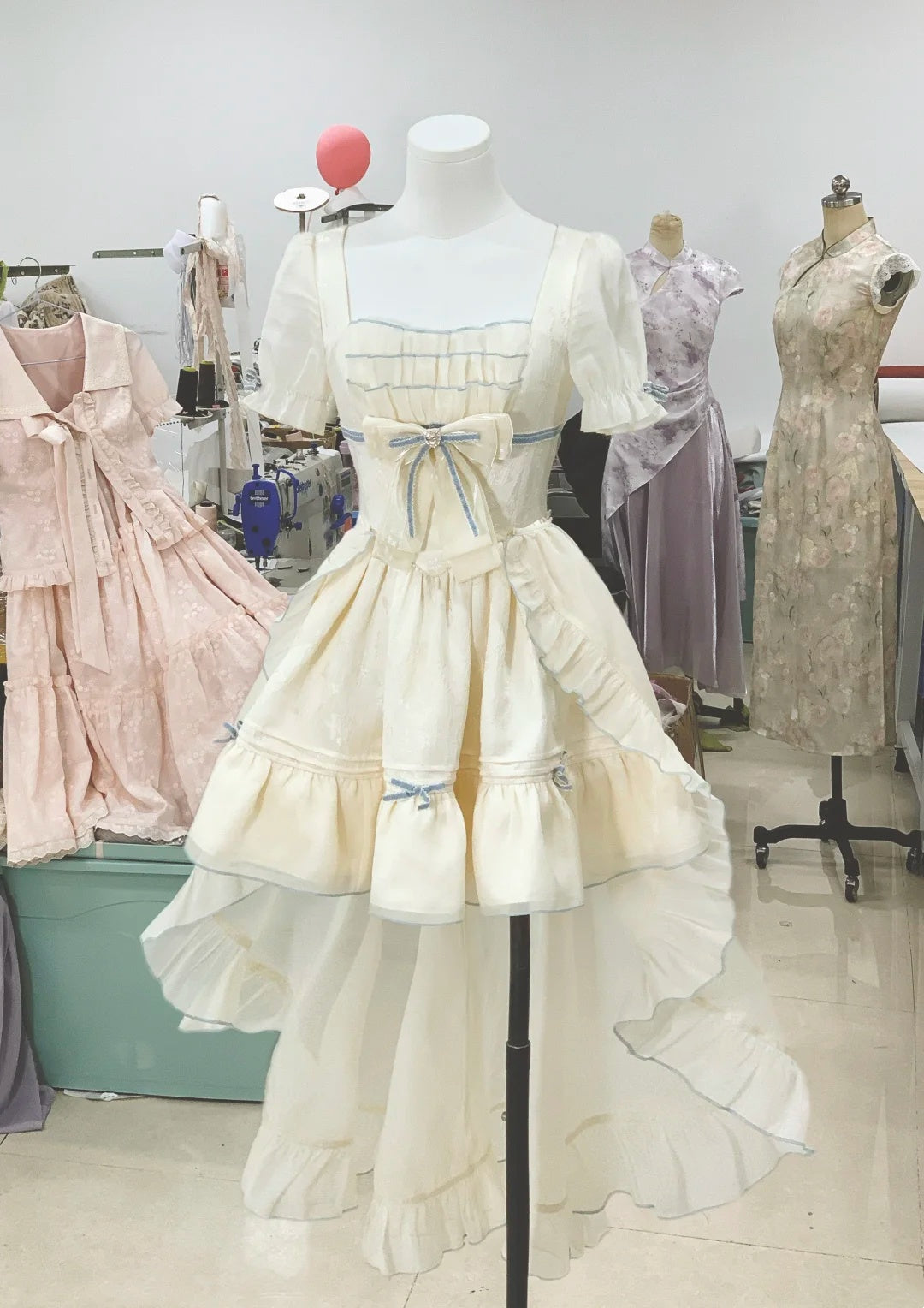Charming Ivory Square Neck Puff Sleeve Bow A Line Short Homecoming Dress With Train AS3143