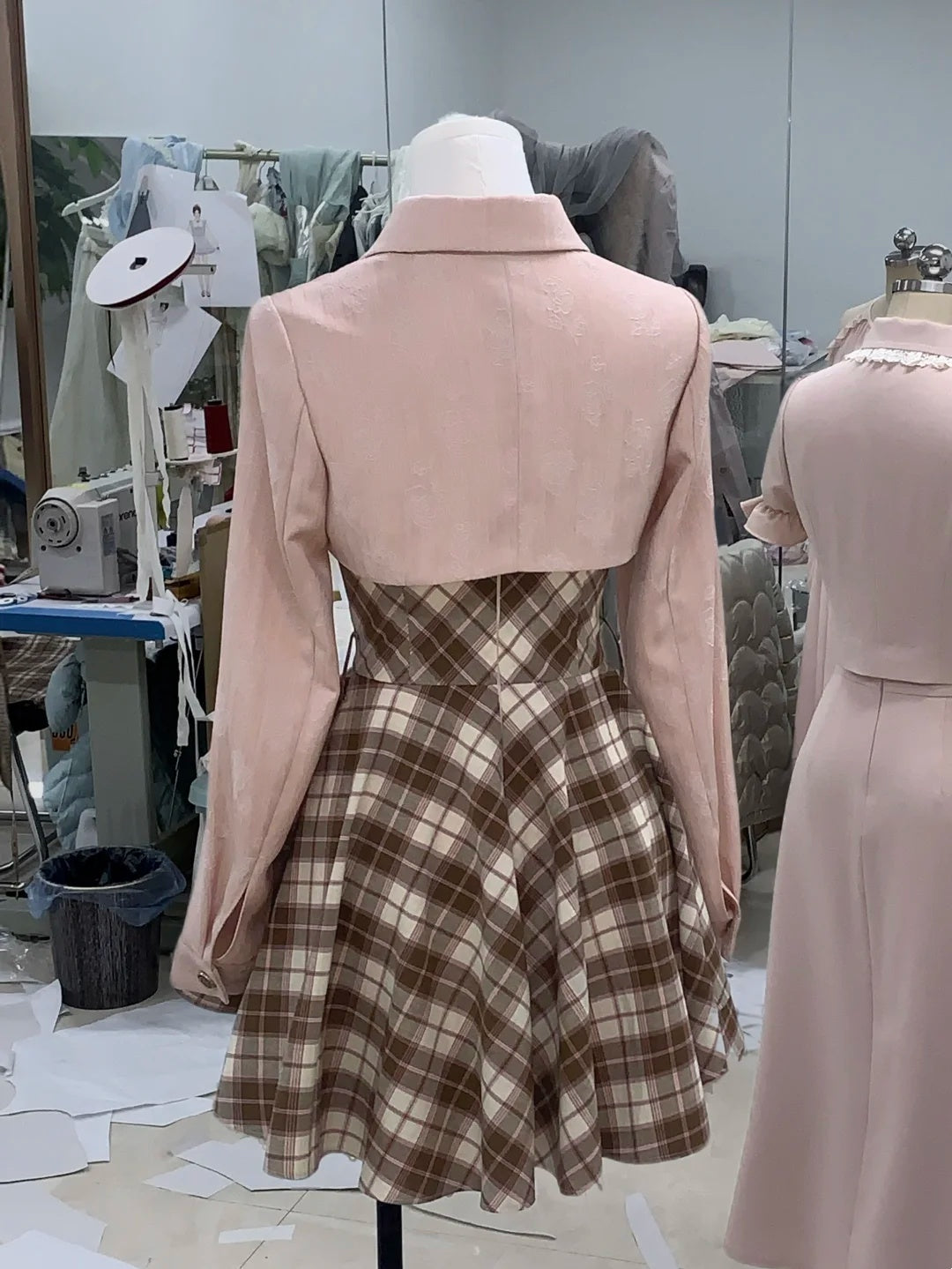 Chic Pink Lapel Heart Buckle Shrug And Brown Plaid Ruffle A Line Set Short Homecoming Dress AS3145