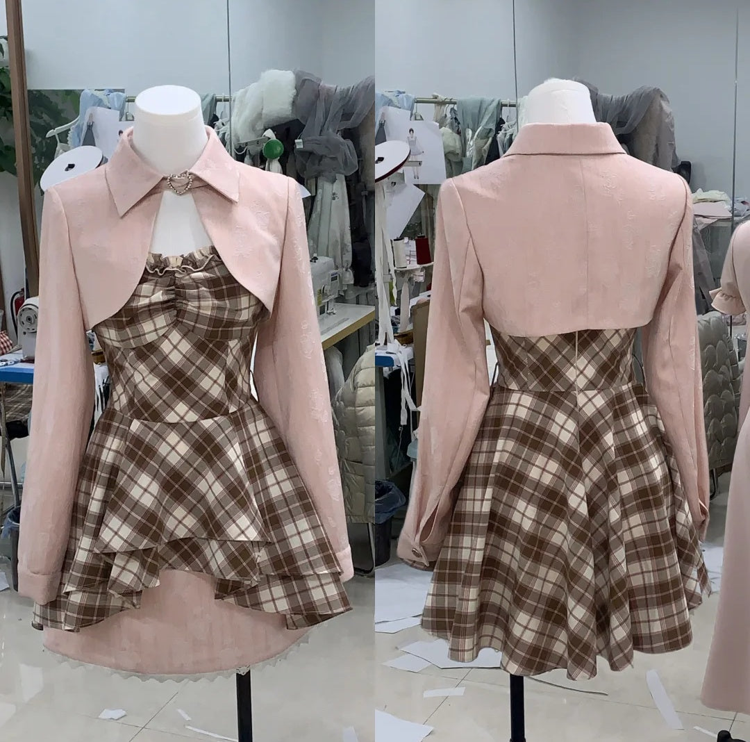 Chic Pink Lapel Heart Buckle Shrug And Brown Plaid Ruffle A Line Set Short Homecoming Dress AS3145