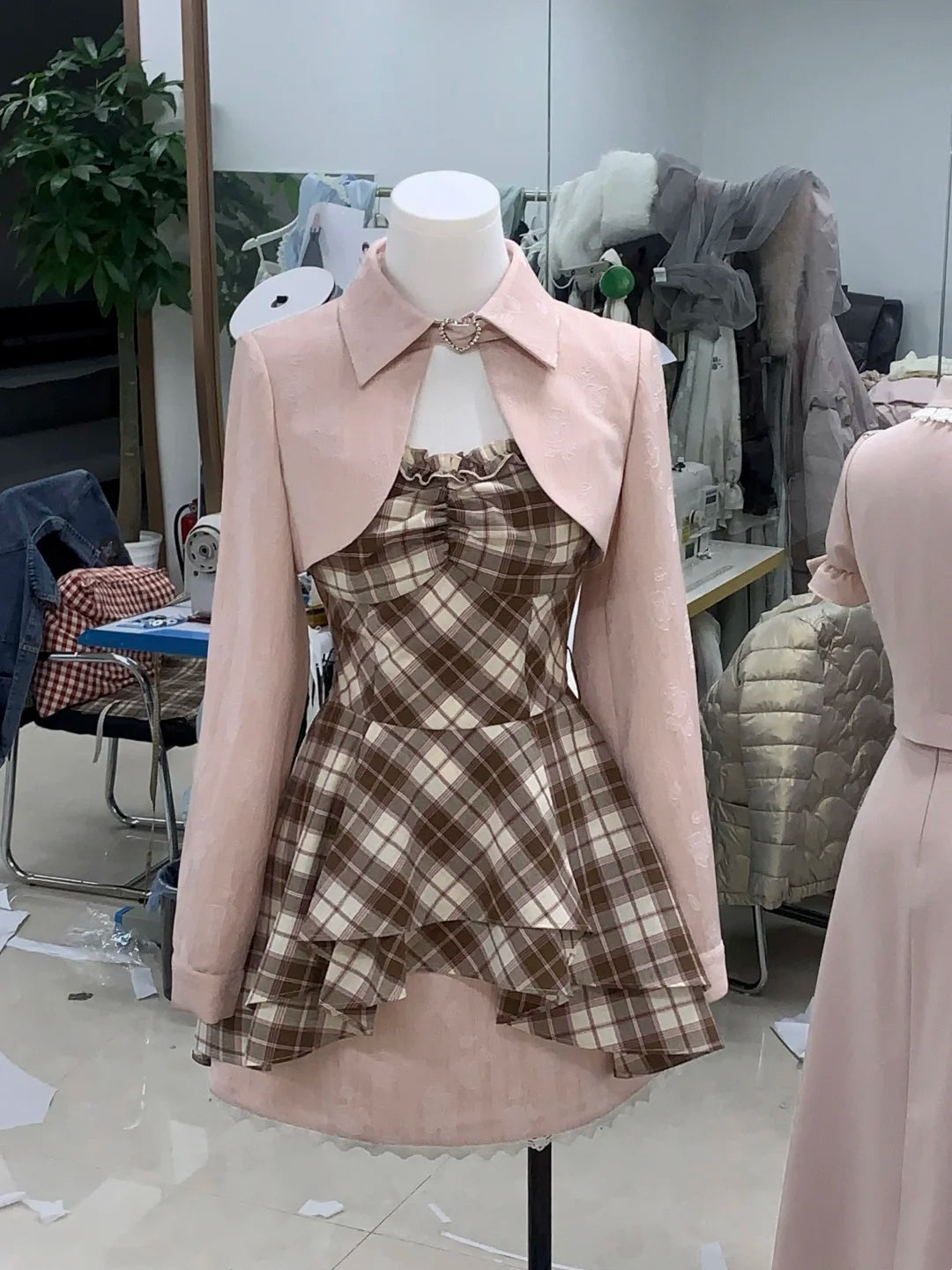 Chic Pink Lapel Heart Buckle Shrug And Brown Plaid Ruffle A Line Set Short Homecoming Dress AS3145