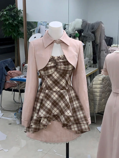 Chic Pink Lapel Heart Buckle Shrug And Brown Plaid Ruffle A Line Set Short Homecoming Dress AS3145