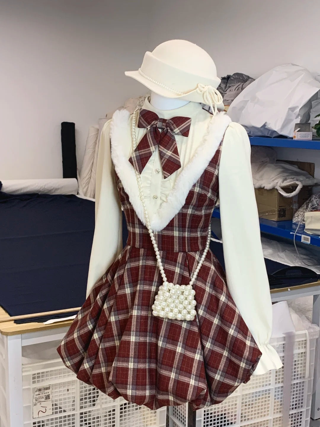 Festive Red Plaid Fur Trim High Neck Long Sleeves Bow A Line Short Homecoming Dress AS3146