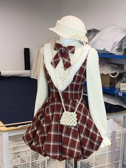 Festive Red Plaid Fur Trim High Neck Long Sleeves Bow A Line Short Homecoming Dress AS3146
