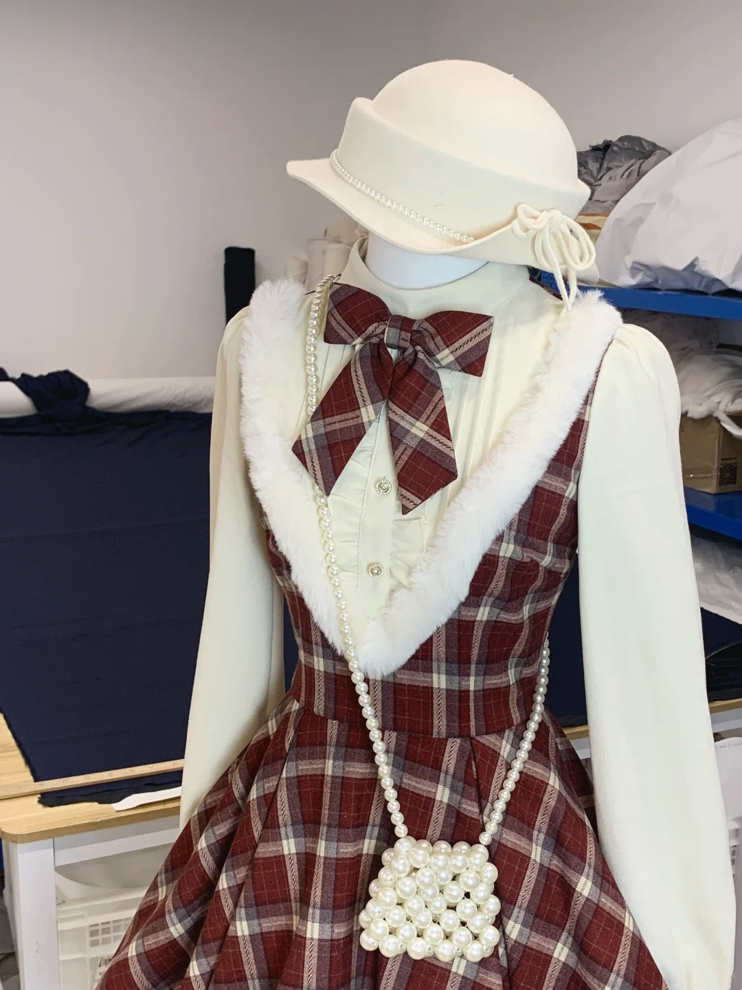 Festive Red Plaid Fur Trim High Neck Long Sleeves Bow A Line Short Homecoming Dress AS3146