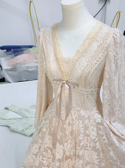 Romantic Blush V Neck Floral Lace Long Sleeve Bow A Line Short Homecoming Dress AS3147