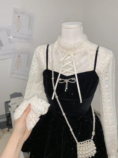 Glam Black Sparkle Spaghetti Strap A Line Short Skirt With Furry High Collar Long Sleeve Blouse Birthday Dress Homecoming Dress AS3148