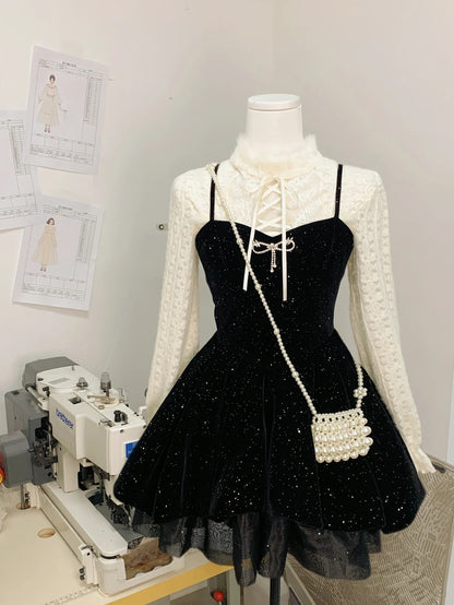 Glam Black Sparkle Spaghetti Strap A Line Short Skirt With Furry High Collar Long Sleeve Blouse Birthday Dress Homecoming Dress AS3148