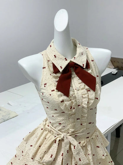 Sweet Cream Halter Collar Red Bow Print A Line Short Homecoming Dress AS3149