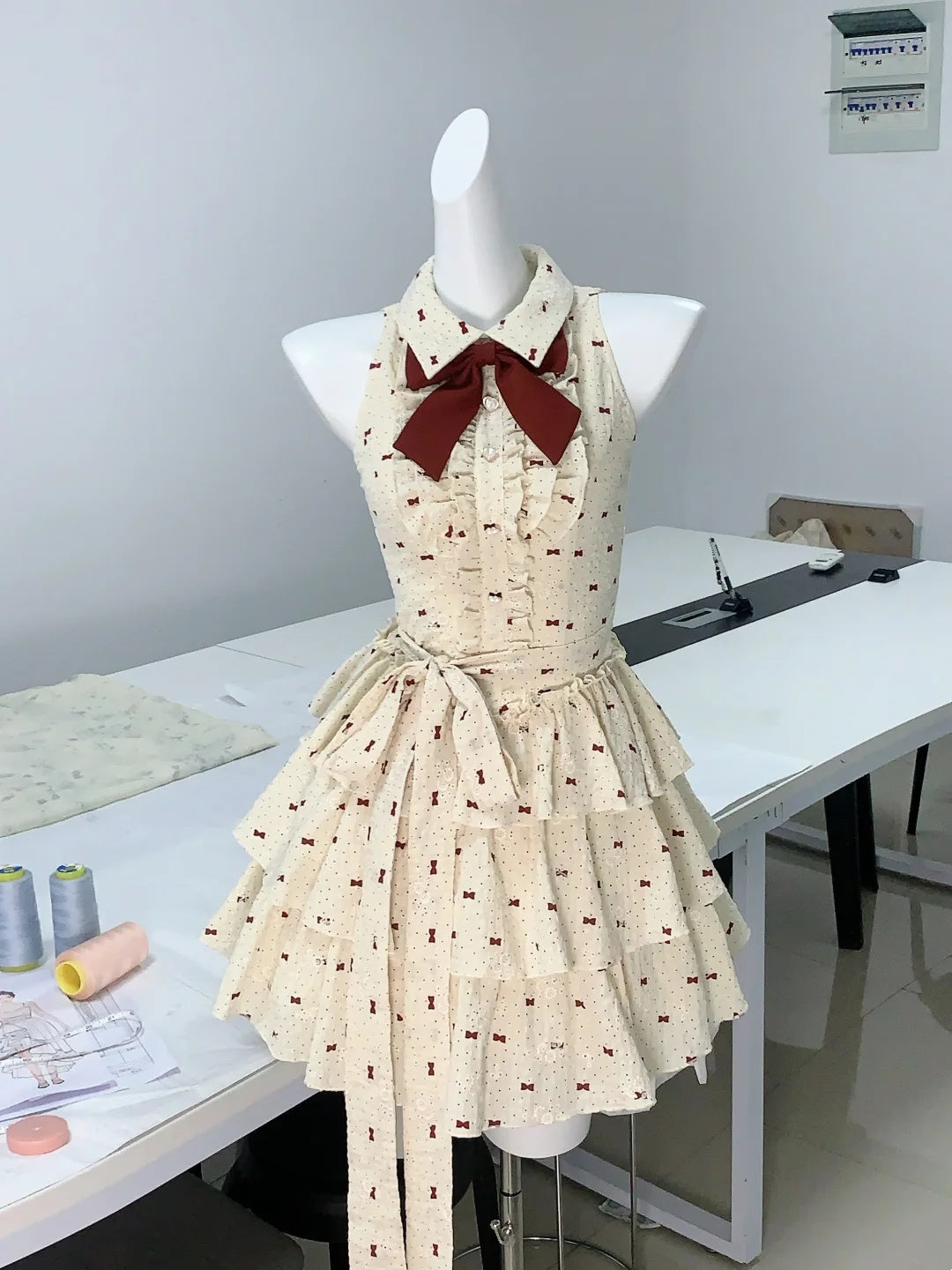 Sweet Cream Halter Collar Red Bow Print A Line Short Homecoming Dress AS3149