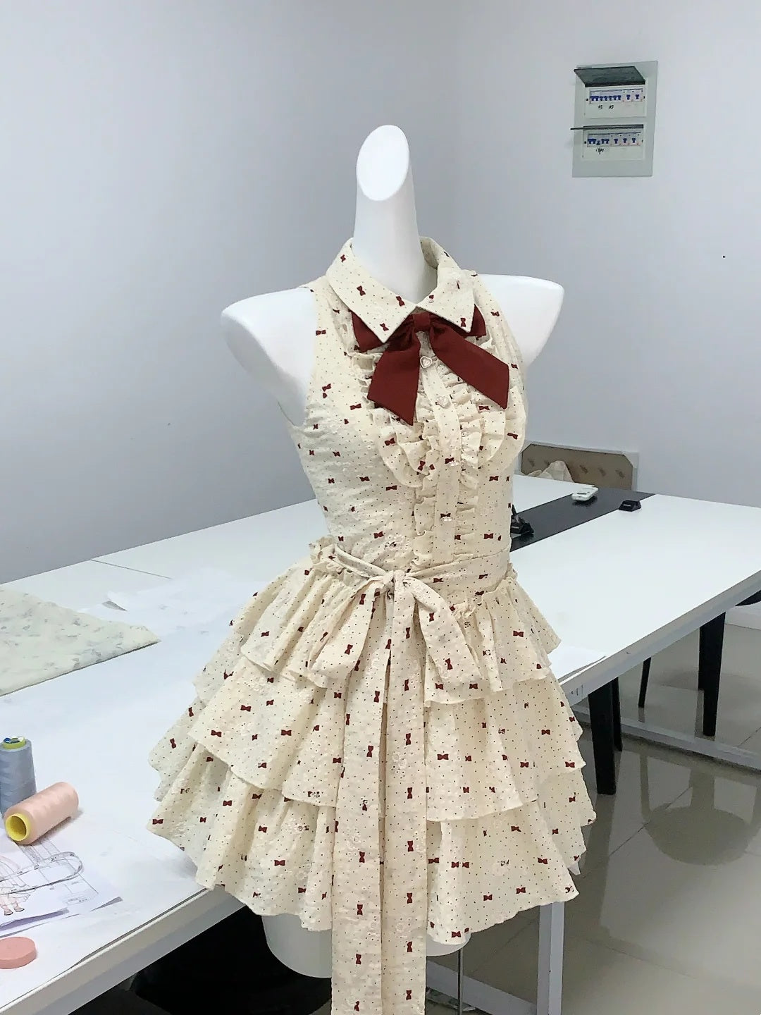 Sweet Cream Halter Collar Red Bow Print A Line Short Homecoming Dress AS3149